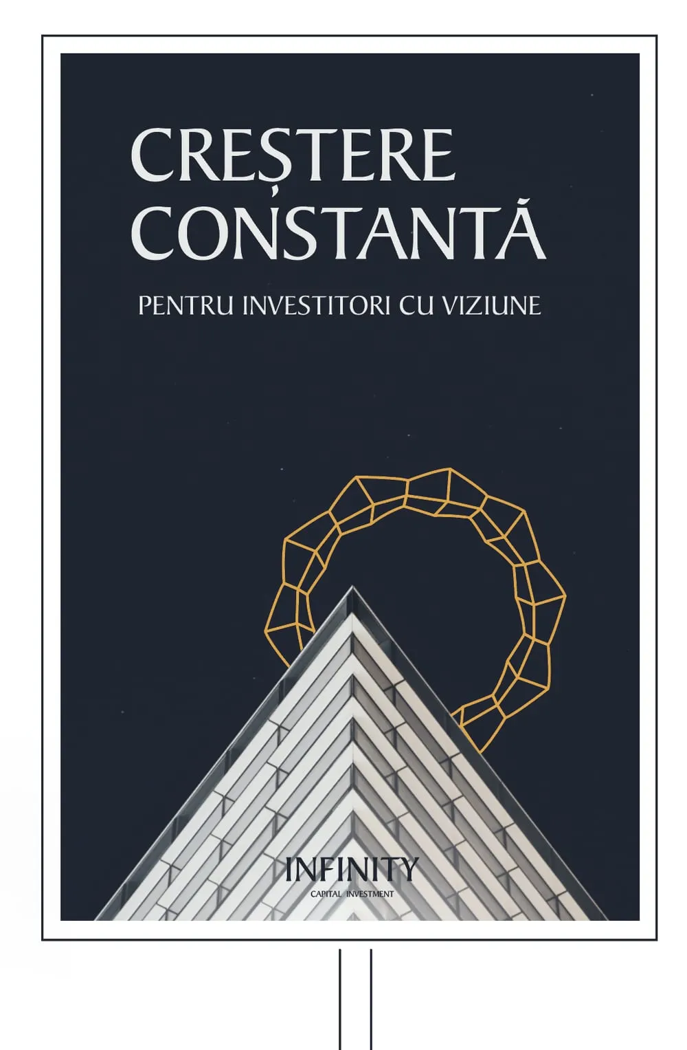 Key visual on a stand: CREȘTERE CONSTANTĂ, pentru investitori cu viziune, with the gold ring above a building