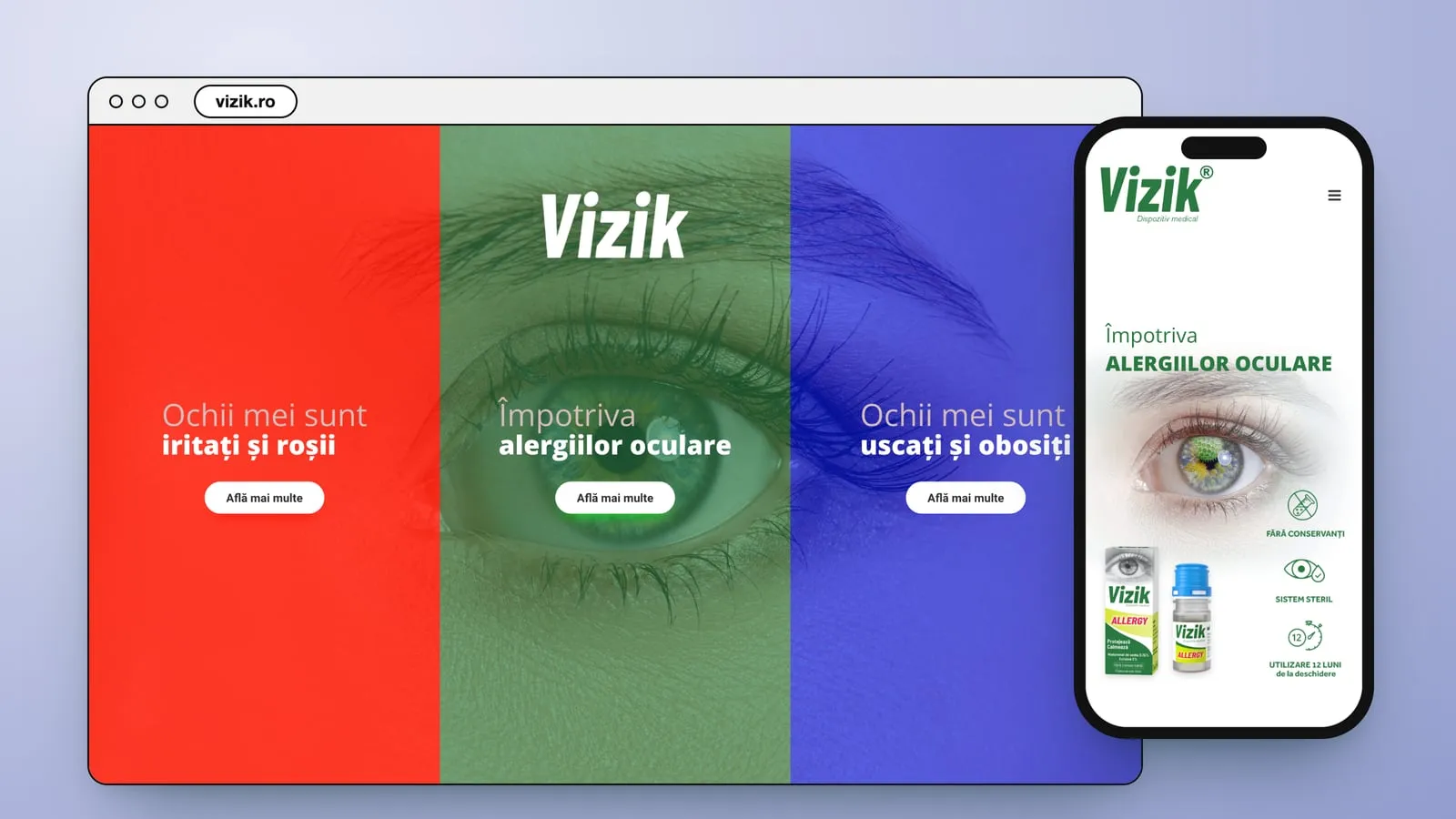 vizik.ro într-o fereastră de browser: un ochi sub trei panouri colorate, roșu, verde și albastru, fiecare cu rândul lui și un buton „Află mai multe”; pe telefon, pagina Vizik Allergy, cu un ochi verde, cutia și flaconul