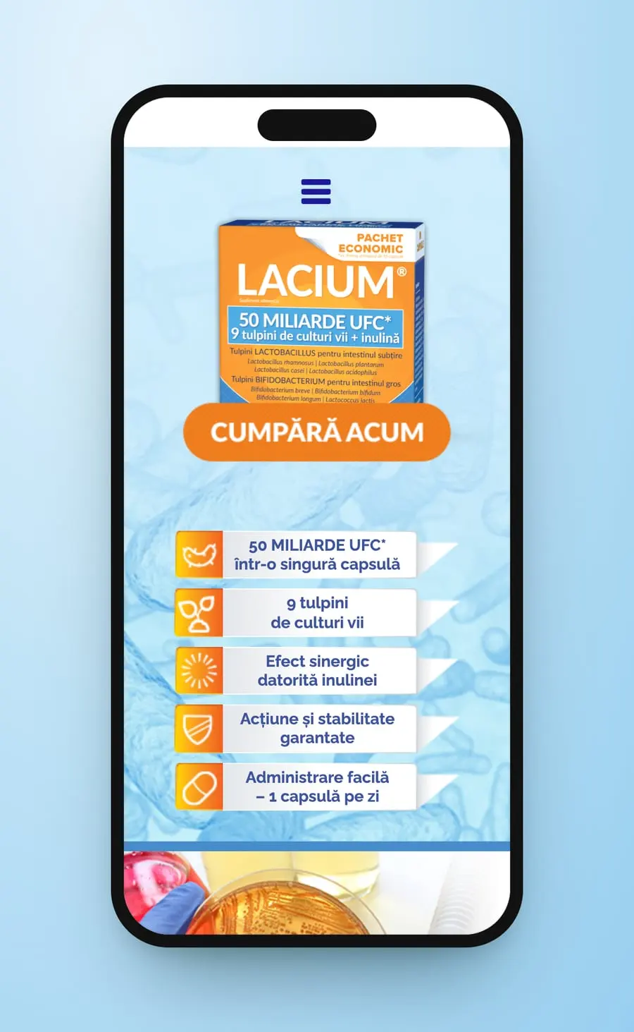 The first screen on a phone: the menu icon, the Lacium box, a Cumpără acum button and the claims as tags
