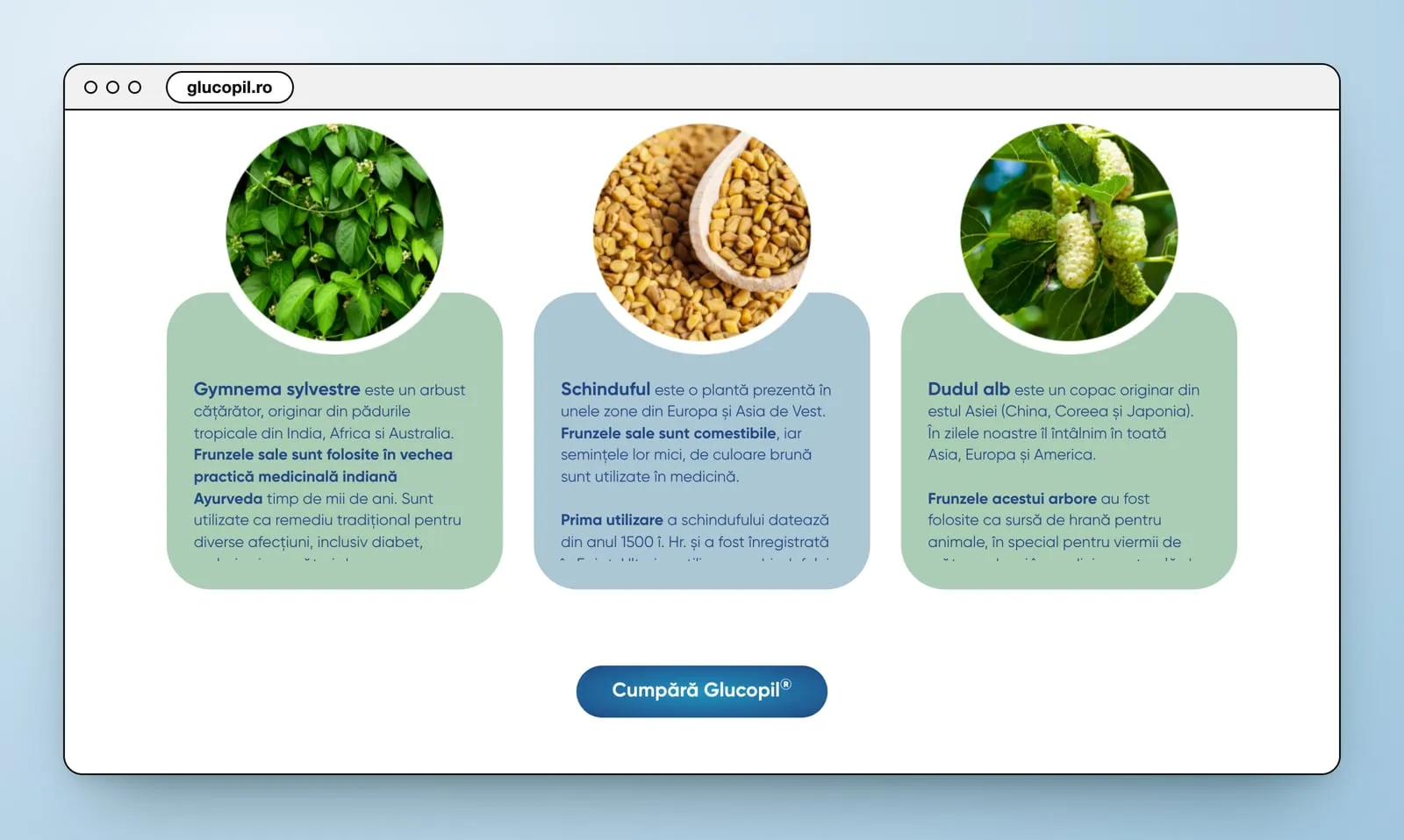 Three round photos, gymnema leaves, fenugreek seeds and white mulberries, above cards in green and blue, and a Cumpără Glucopil® button