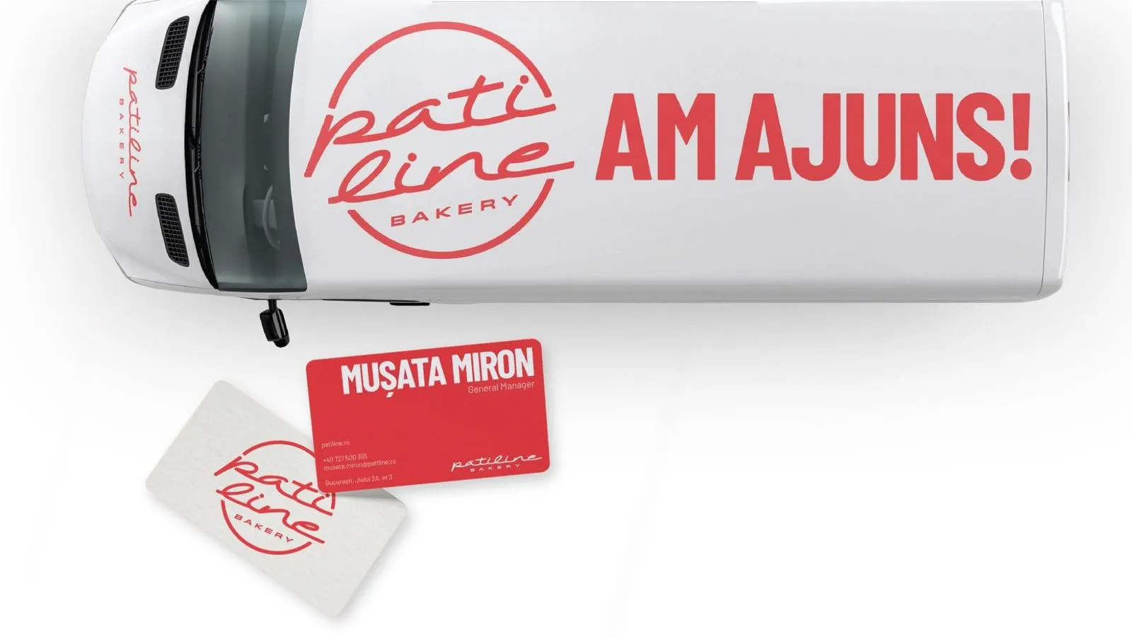 A Patiline van with “Am ajuns!” and a loyalty card