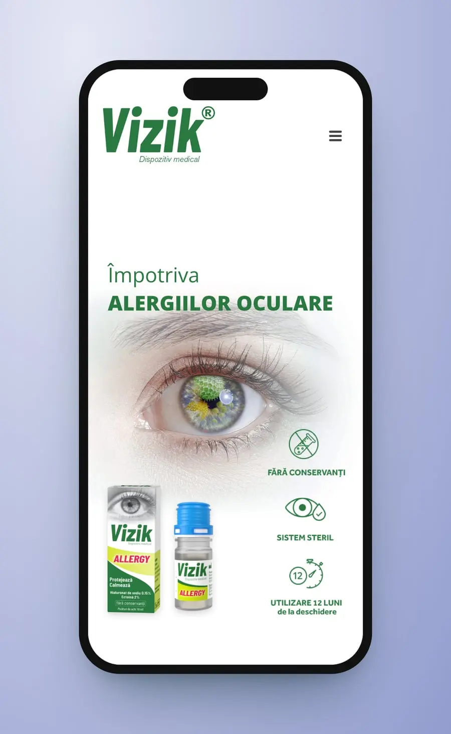 Pagina Allergy pe telefon: logoul Vizik, „Împotriva alergiilor oculare”, ochiul verde, cutia, flaconul și trei pictograme