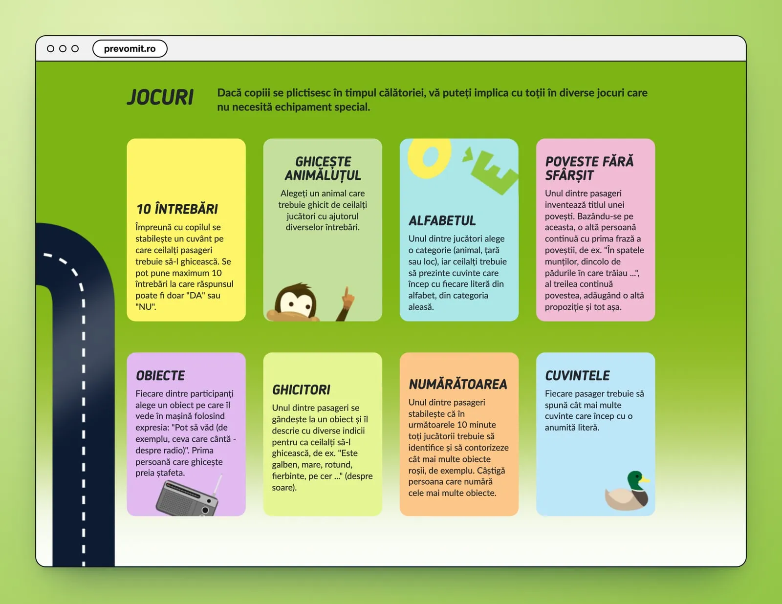 Jocuri: eight coloured cards with a game for the car on each, from 10 întrebări to Cuvintele, a monkey, a radio and a duck among them