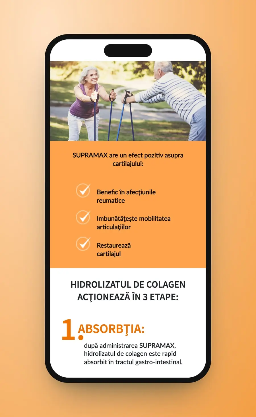 The Nordic walking photo on a phone, the orange panel under it and the first of the three steps