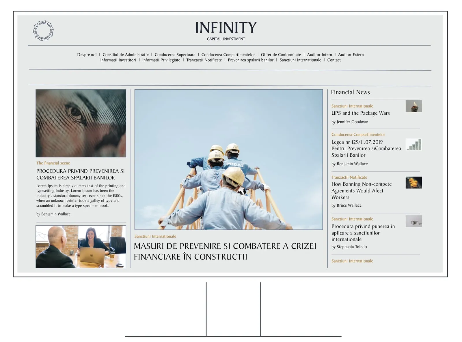 The Infinity home page on a desktop screen: the wordmark, the menu, financial news and featured articles
