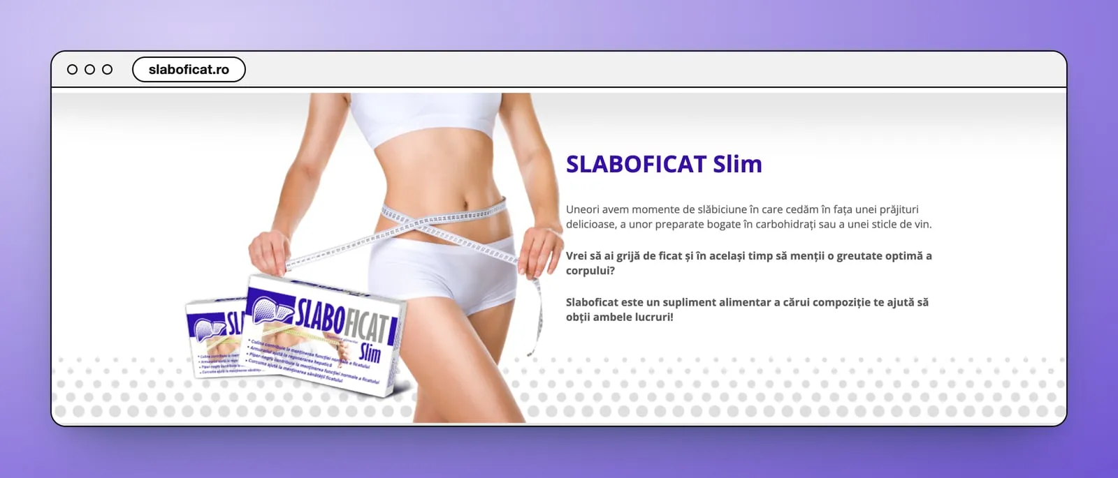 SLABOFICAT Slim: a woman in white with a tape measure round her waist, two Slaboficat Slim boxes in front of her, and the product text on the right