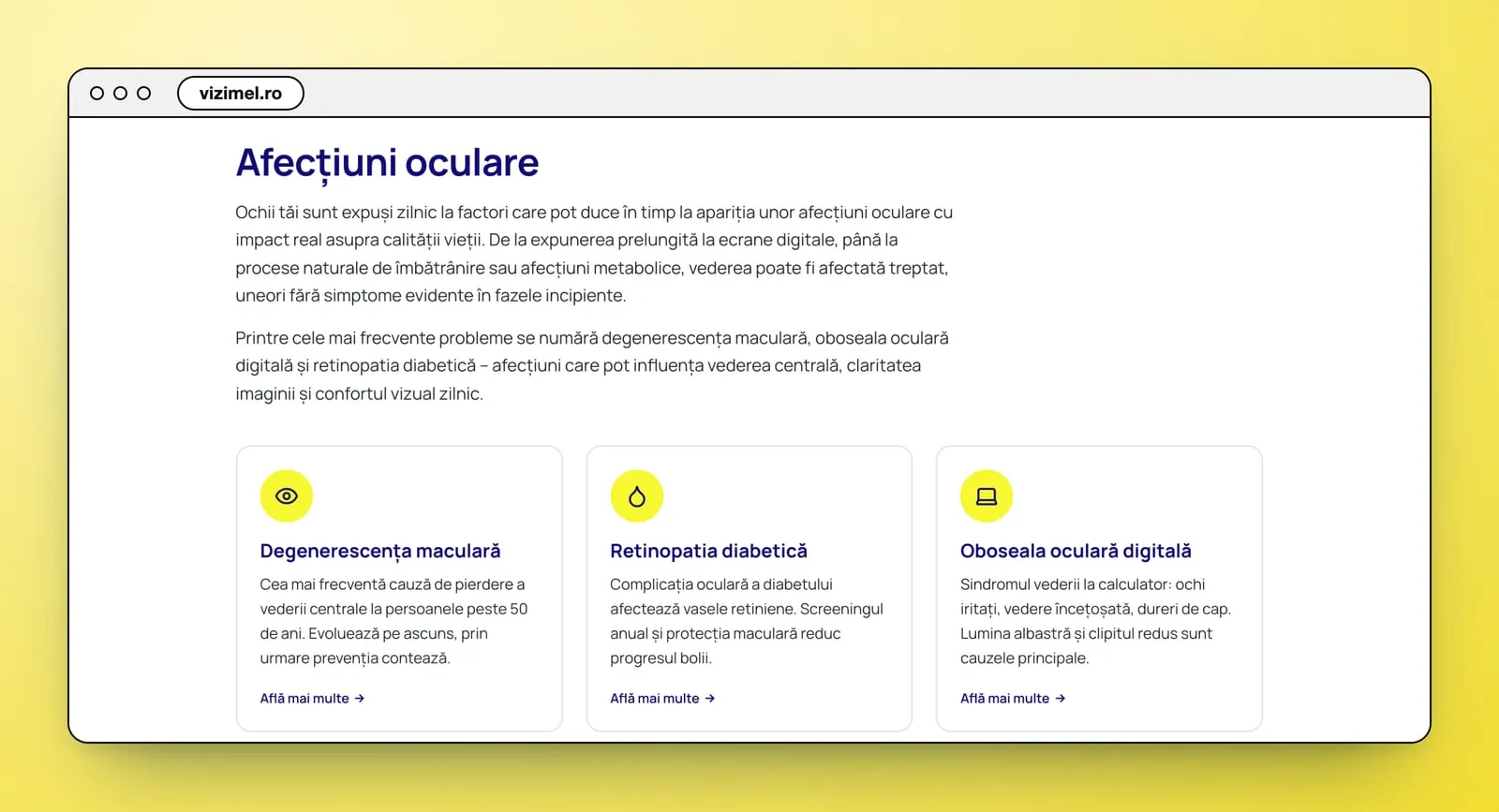 „Afecțiuni oculare”: două paragrafe și trei cartonașe cu pictograme rotunde, galbene, Degenerescența maculară, Retinopatia diabetică și Oboseala oculară digitală
