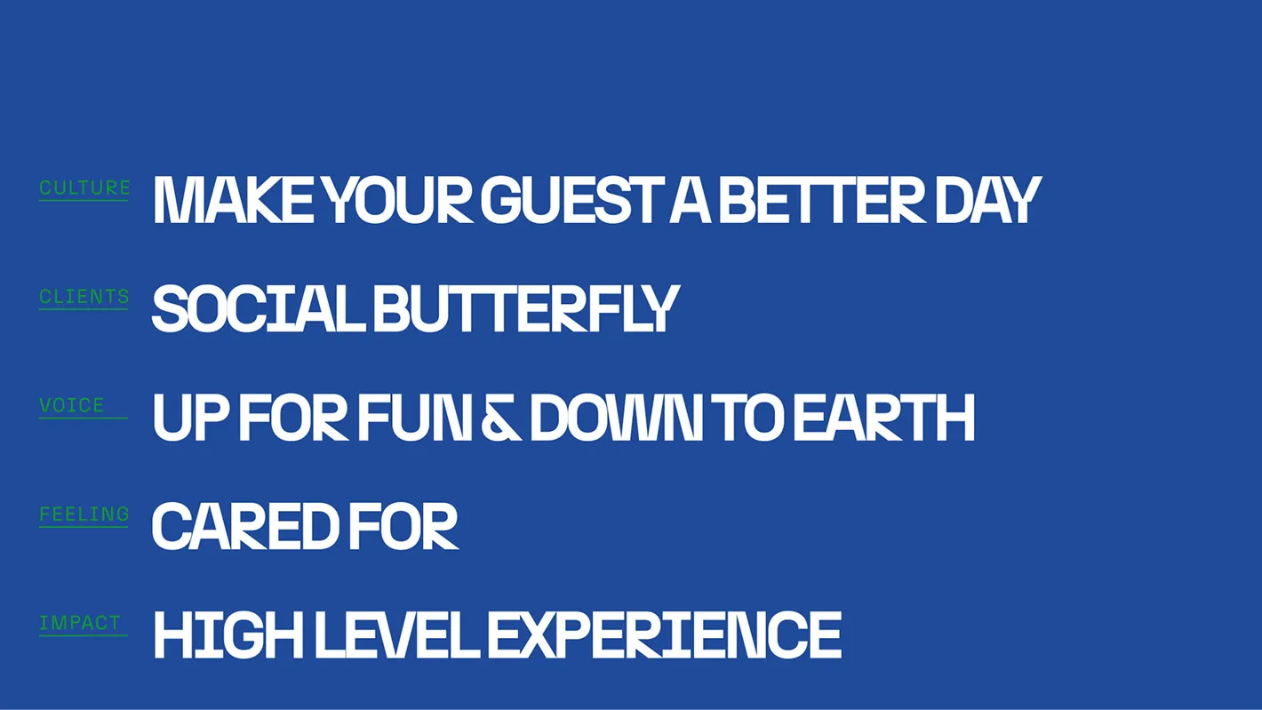 Blue brand board listing the brand values