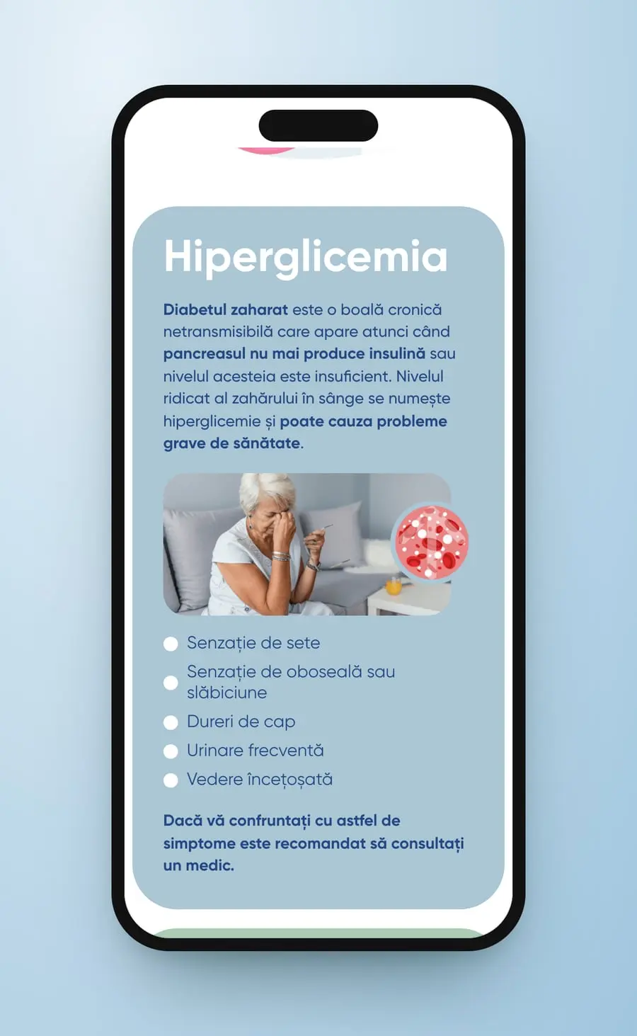Hiperglicemia on a phone: the blue card with a photo and the symptoms