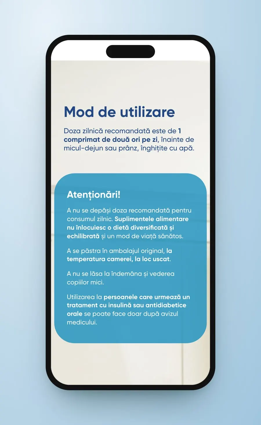 Mod de utilizare and the blue Atenționări! card on a phone