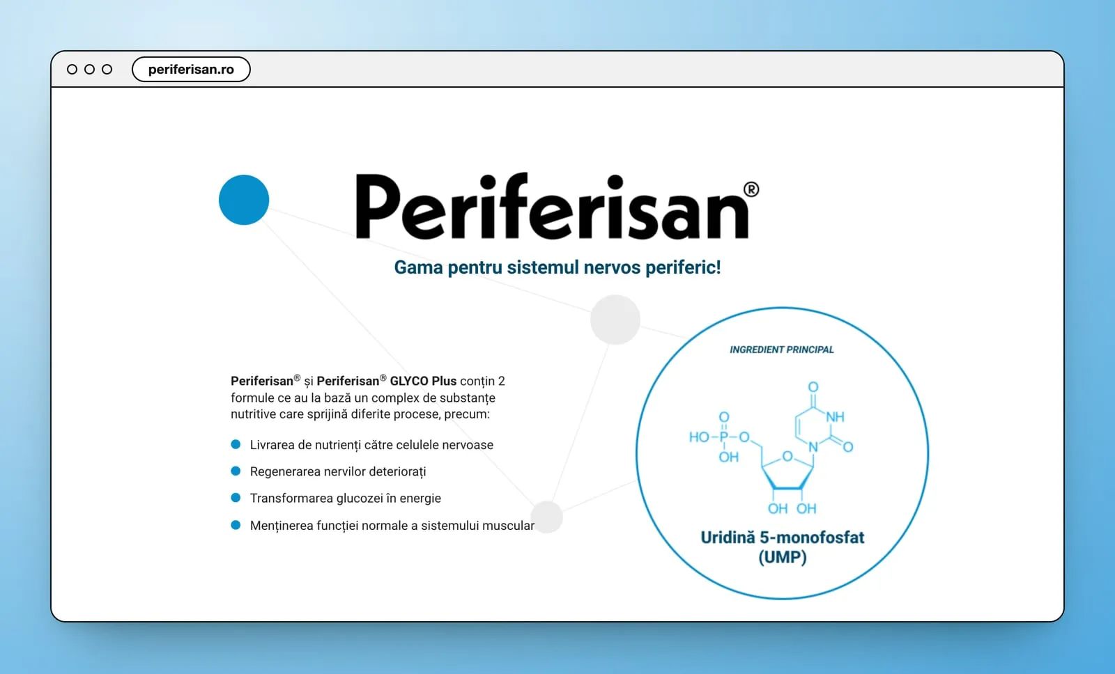 Gama pentru sistemul nervos periferic: a short list beside a circle with the UMP molecule, Uridină 5-monofosfat