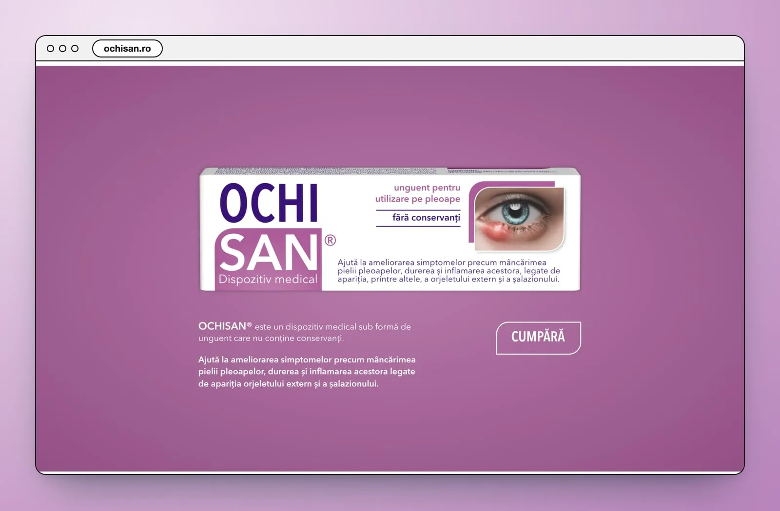 A lilac band with the OchiSan box, unguent pentru utilizare pe pleoape, fără conservanți, the product text and a Cumpără button