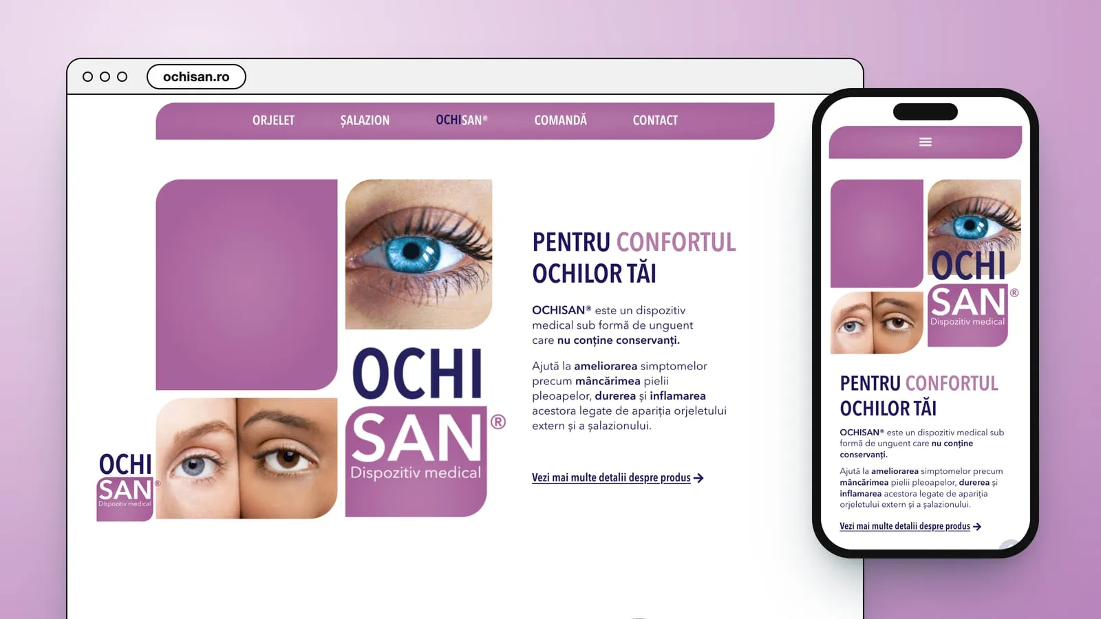 ochisan.ro in a browser window and on a phone: a lilac menu bar, a grid of rounded tiles with eyes and the OCHI SAN logo, and the line Pentru confortul ochilor tăi