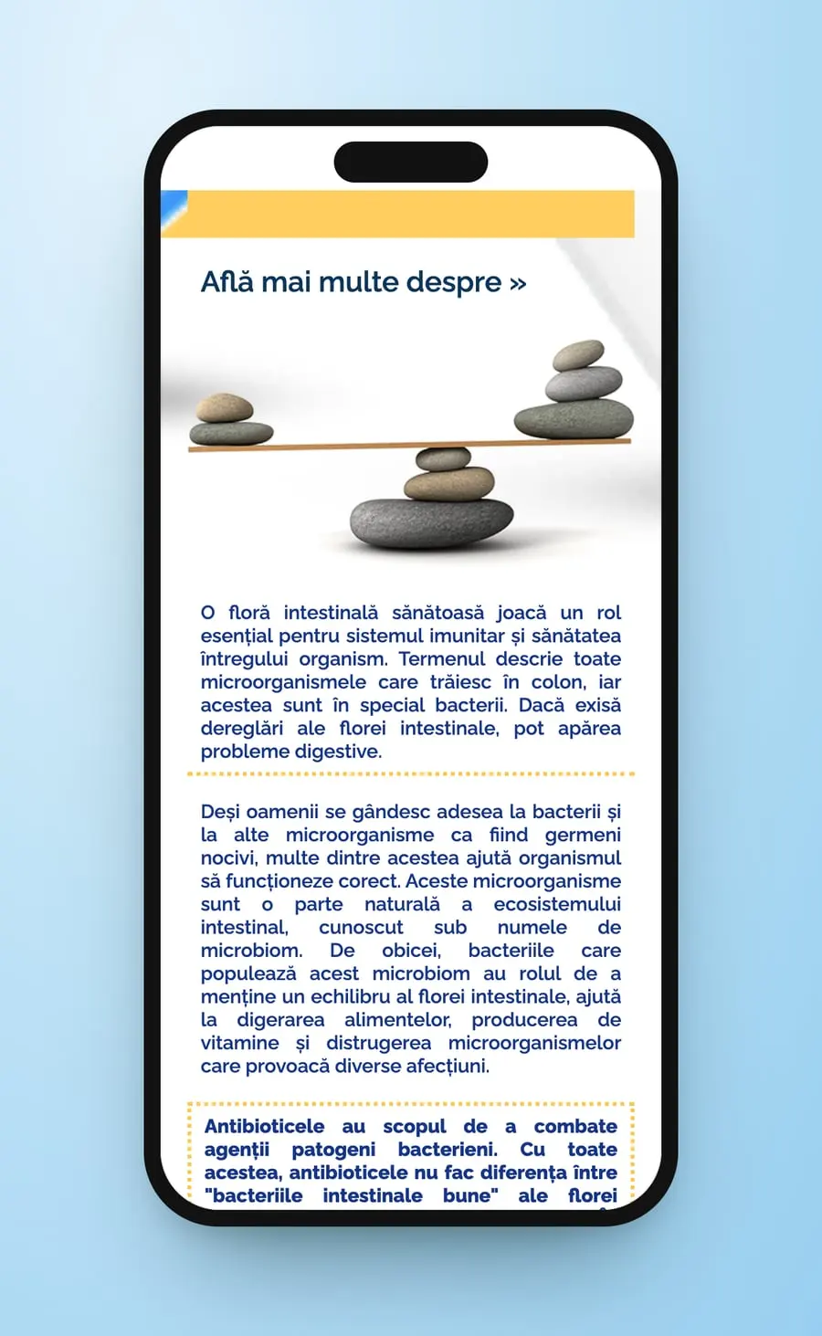 Flora intestinală on a phone: a yellow band, a photo of balanced stones and the text