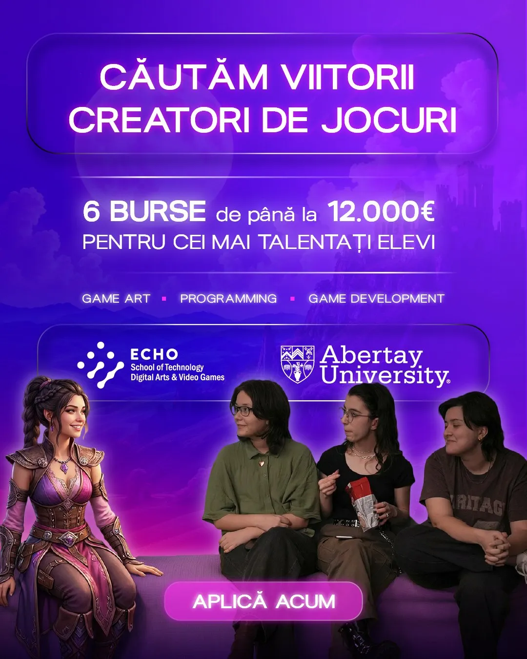 Scholarship poster: three students on a sofa next to an illustrated game heroine