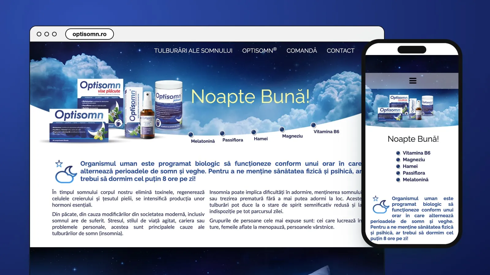optisomn.ro in a browser window and on a phone: the Optisomn range among clouds in a night sky, and Noapte Bună! in pale yellow