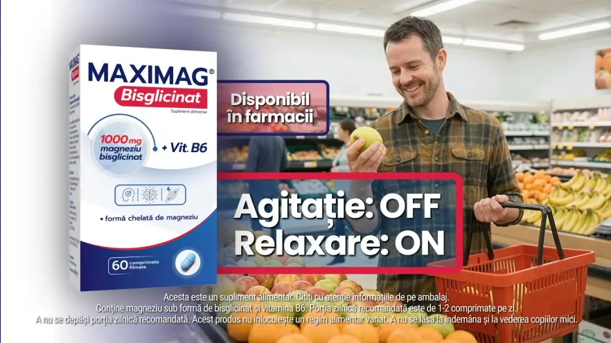 He smiles over the fruit, the box beside him, with Disponibil în farmacii and Agitație: OFF, Relaxare: ON