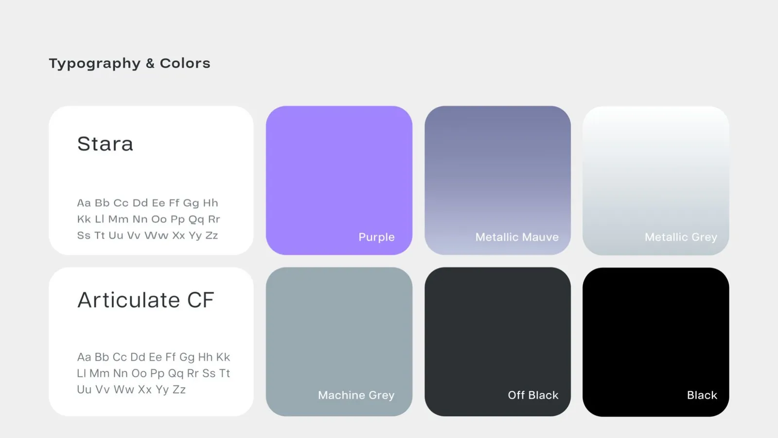 Type specimens for Stara and Articulate CF next to swatches: Purple, Metallic Mauve, Metallic Grey, Machine Grey, Off Black and Black