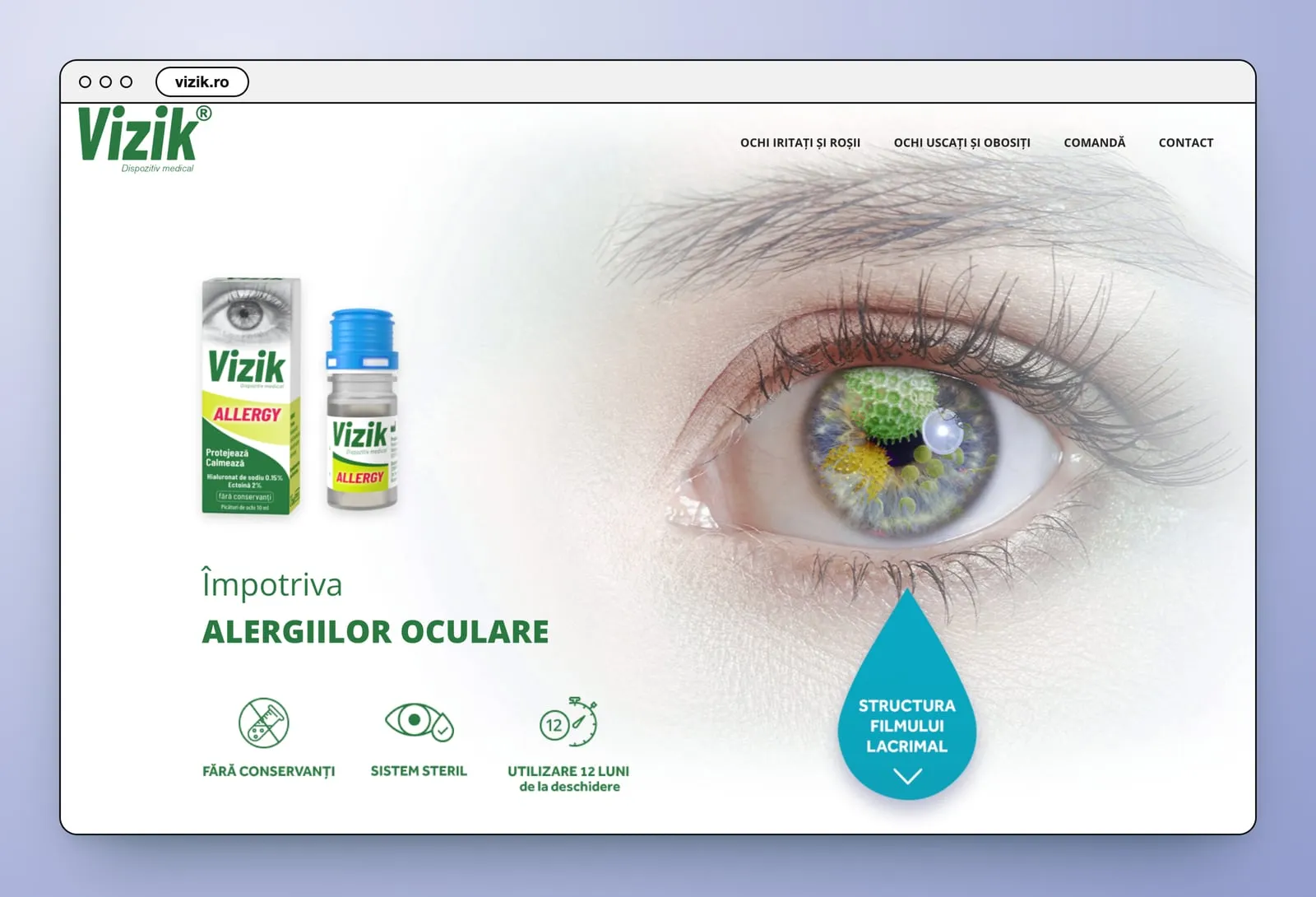 Deschiderea paginii Allergy: un ochi văzut de aproape, cu irisul verde ca polenul, cutia și flaconul Vizik Allergy, „Împotriva alergiilor oculare” în verde și trei pictograme verzi