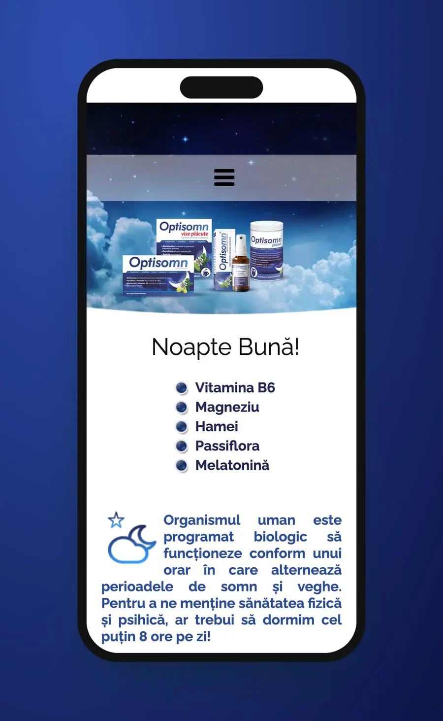 The first screen on a phone: the range in the clouds, Noapte Bună! and the five ingredients as a list