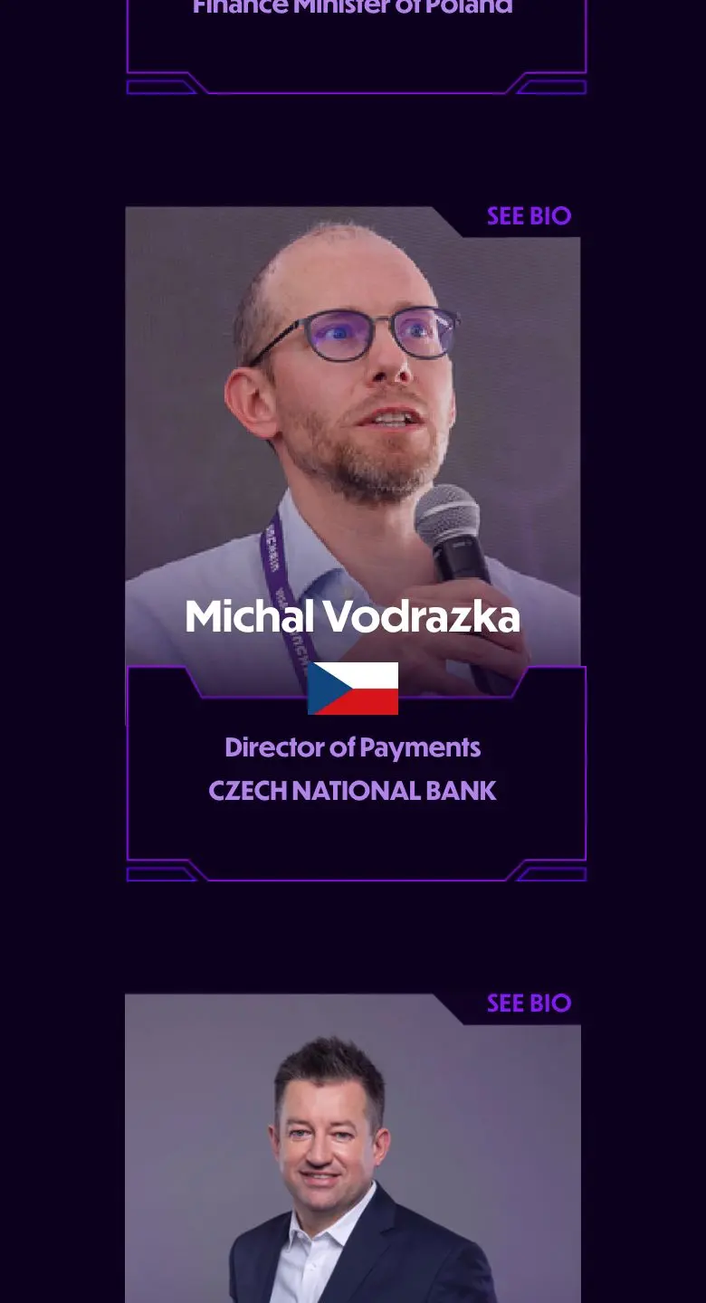 Un card de speaker pe telefon: Michal Vodrazka, Director of Payments, Czech National Bank