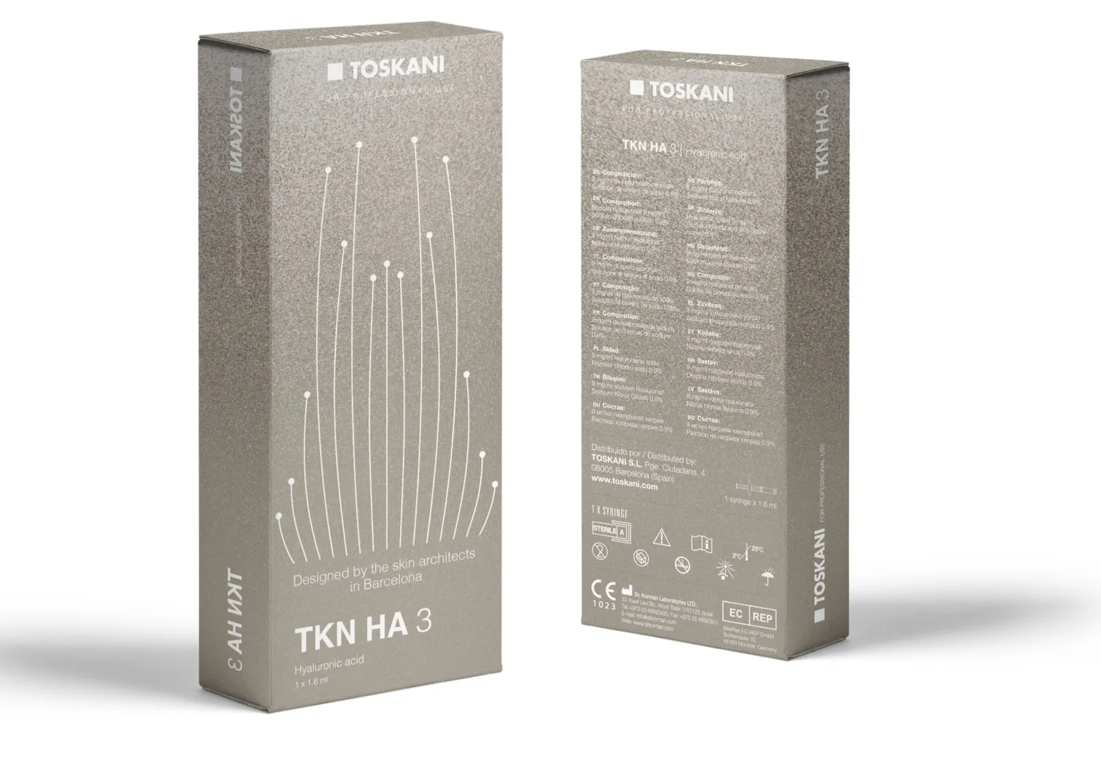 Front and back of a textured taupe TKN HA 3 box