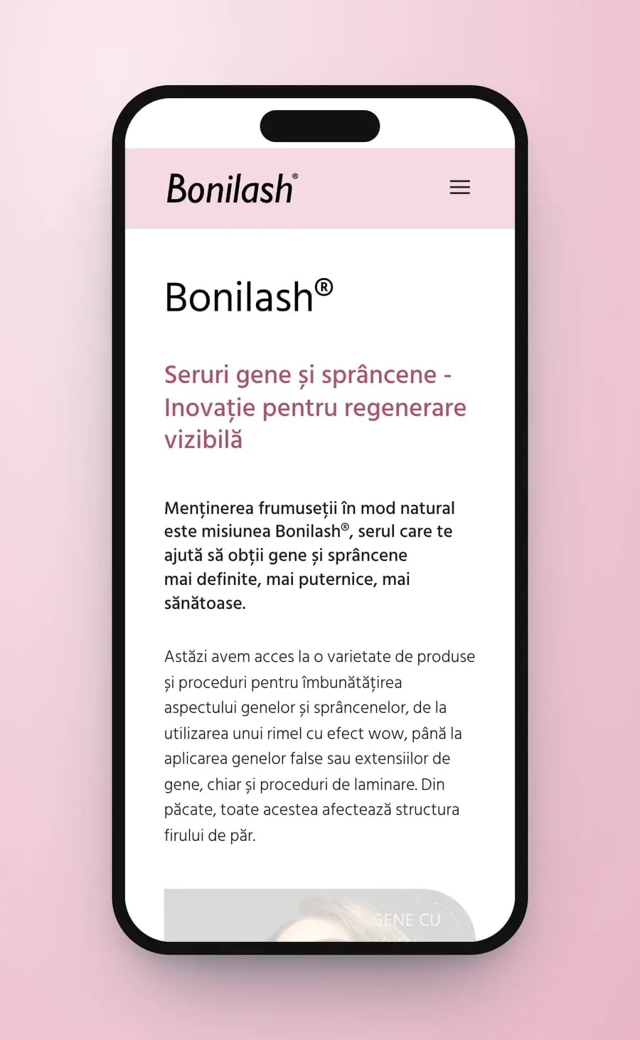 The first screen on a phone: the logo, the menu icon, Bonilash® and the line in rose