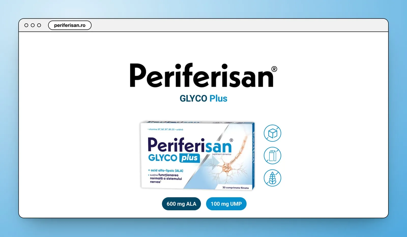 Periferisan GLYCO Plus: the box, three icons and two badges, 600 mg ALA and 100 mg UMP