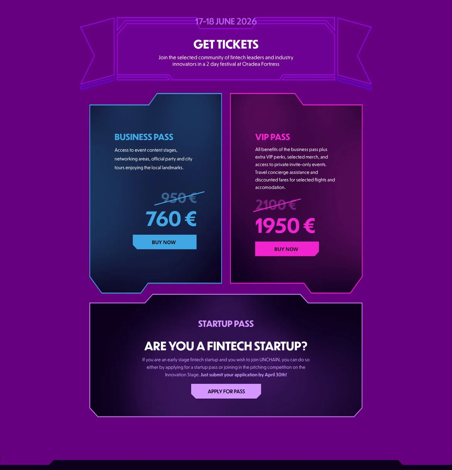 Get Tickets: un card albastru Business Pass la 760 de euro, un card roz VIP Pass la 1950 de euro și dedesubt un card Startup Pass