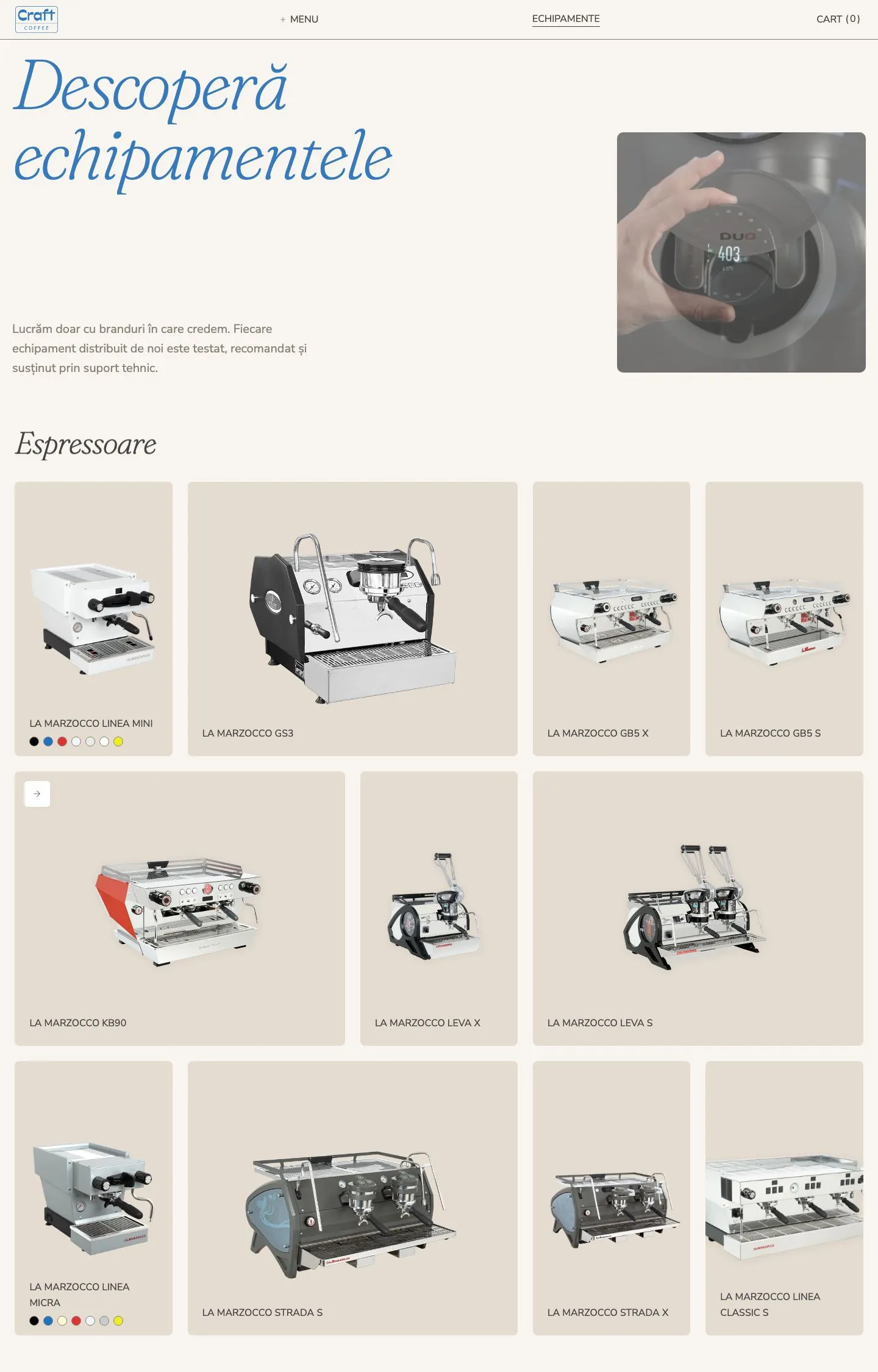 The equipment page: espresso machines in a bento grid of beige cards