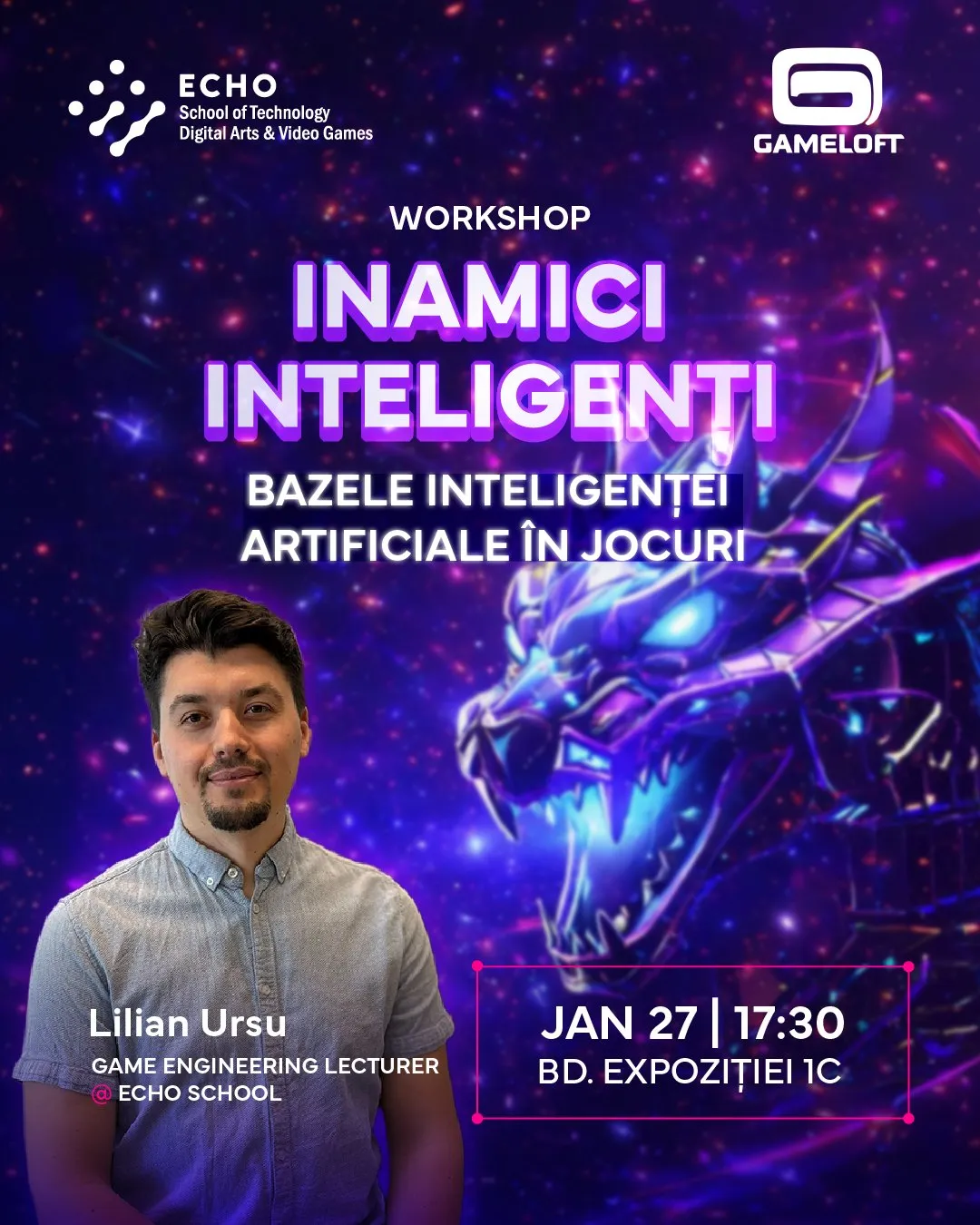 Workshop poster: Inamici inteligenți, with Lilian Ursu and a neon dragon