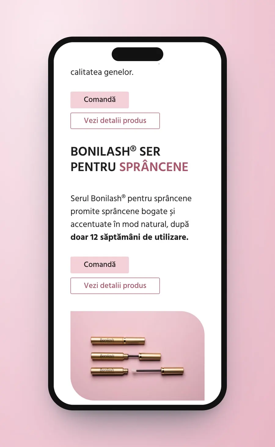 The brow serum on a phone: its name, the 12-week line, two buttons and three gold tubes on pink