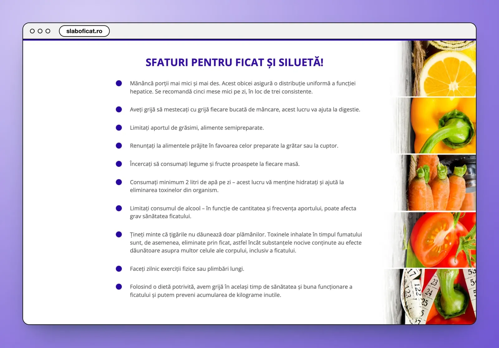 Sfaturi pentru ficat și siluetă!: ten tips in a list with violet bullets, beside a strip of photos of a lemon, a pepper, carrots, a tomato and a tape measure