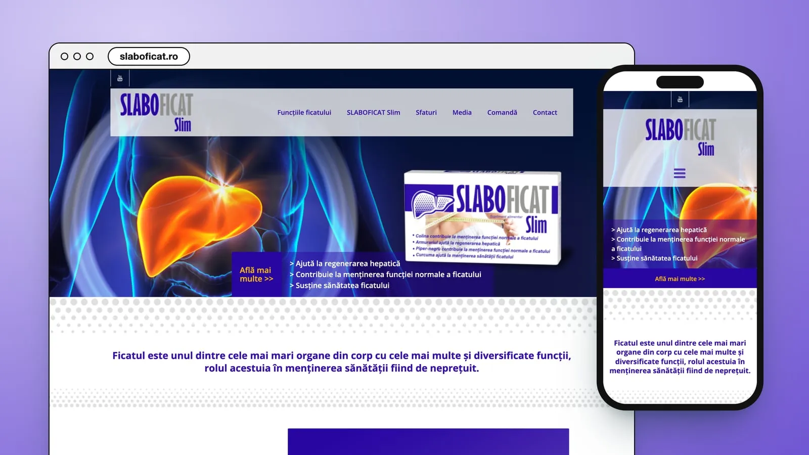 slaboficat.ro in a browser window and on a phone: a glowing orange liver inside a blue body, the Slaboficat Slim box and three lines on a violet band