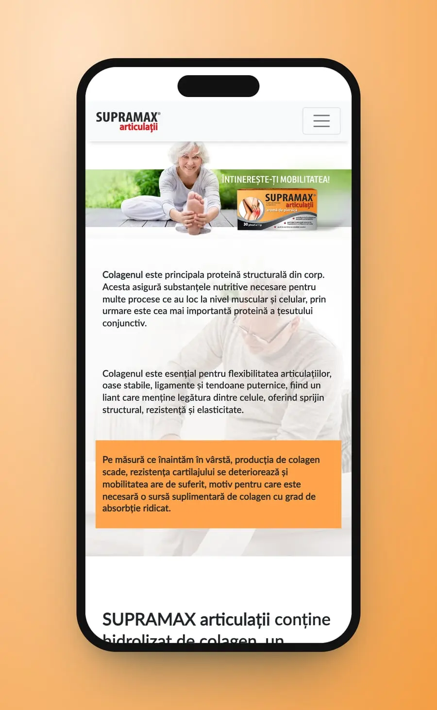 The first screen on a phone: the Supramax articulații logo, the menu icon, the hero band and the collagen paragraphs with the orange box