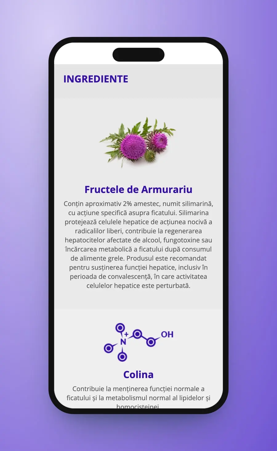 Ingrediente on a phone: Fructele de Armurariu with a thistle flower and its paragraph, then Colina