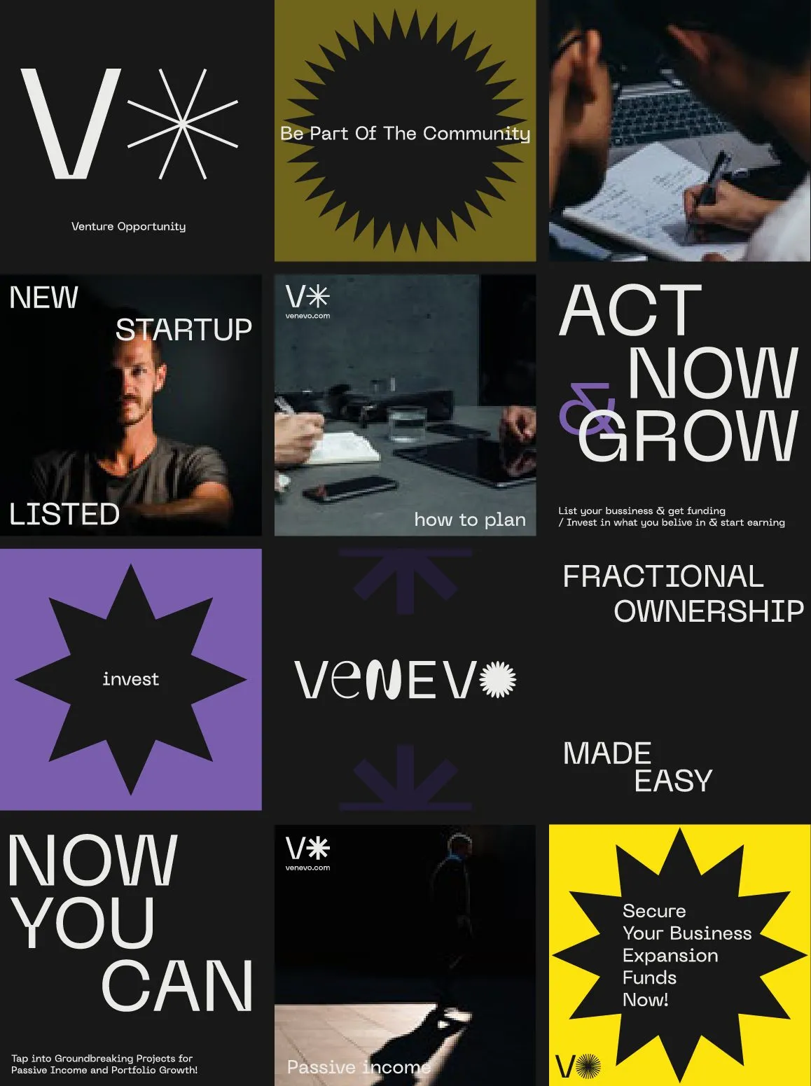 A grid of twelve social posts: V✳, a black star on olive, Now you can, Act now and grow, Fractional ownership made easy, a yellow star