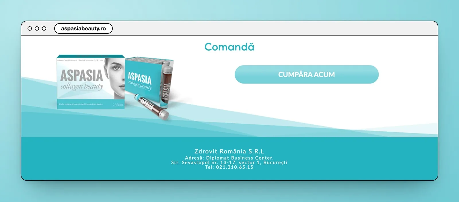 The order block: the box and a vial, a Cumpără acum button, and the Zdrovit România address in the turquoise footer