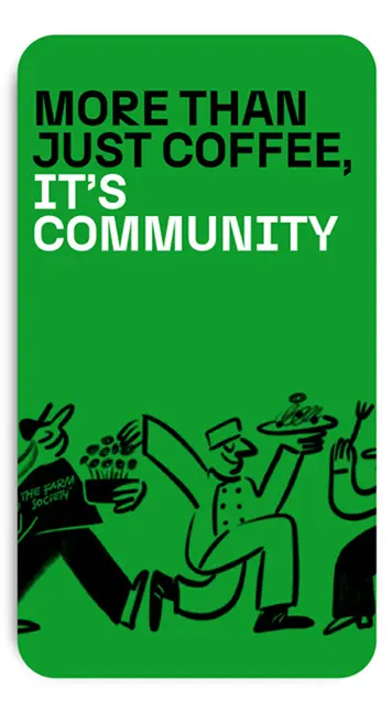 Green illustrated story with the community brand line