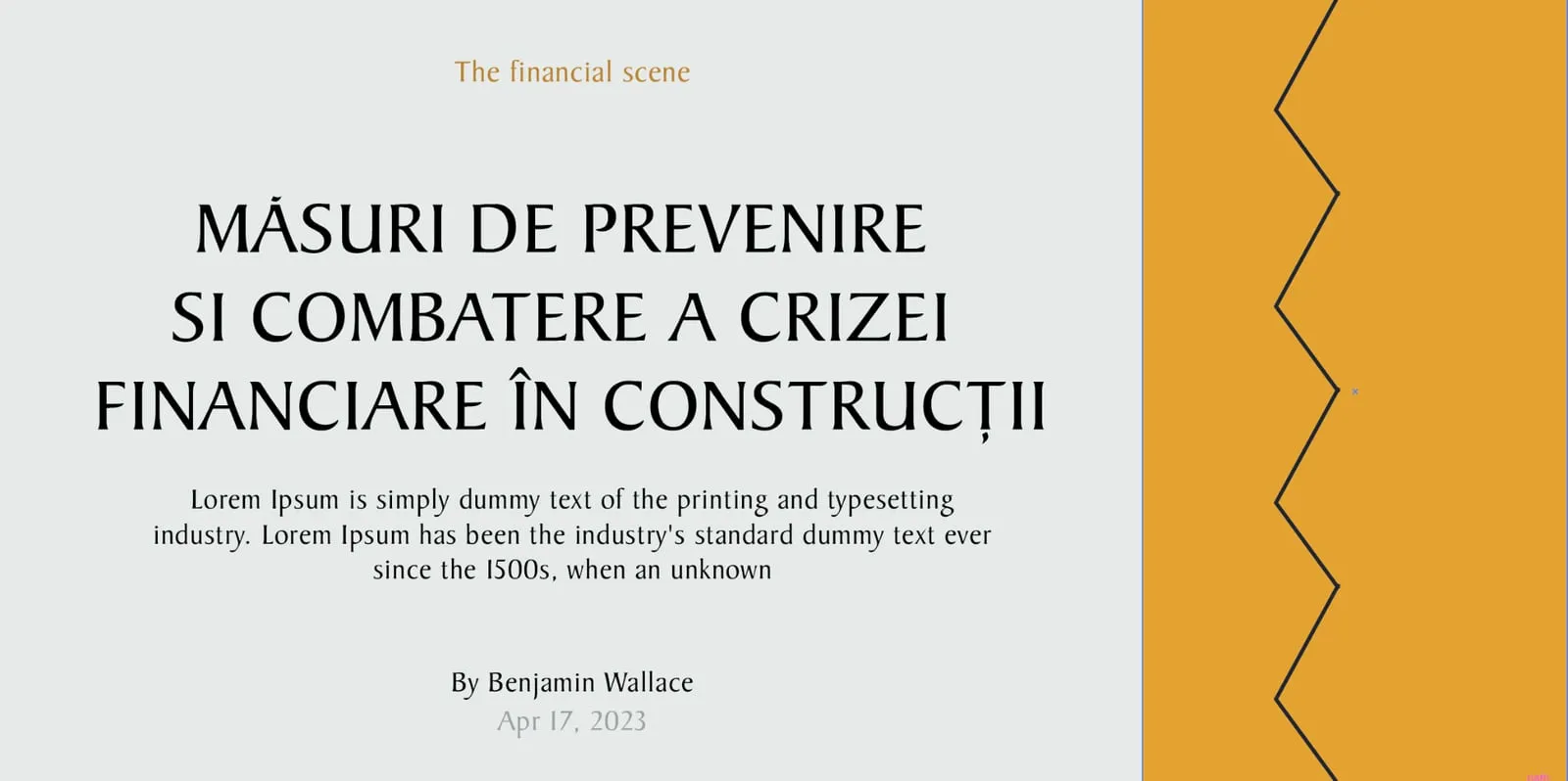 An article page: The financial scene, a headline about the construction sector, the author and date, and a gold panel with a zigzag line