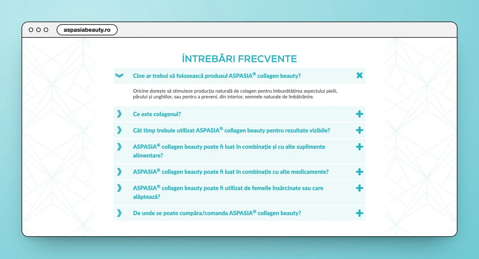 Întrebări frecvente: seven questions in turquoise rows, the first one open