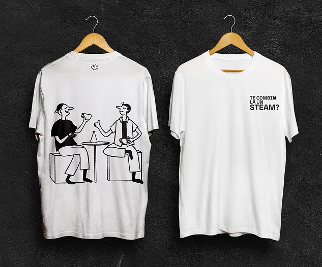 White T-shirts with illustrated guests at a table