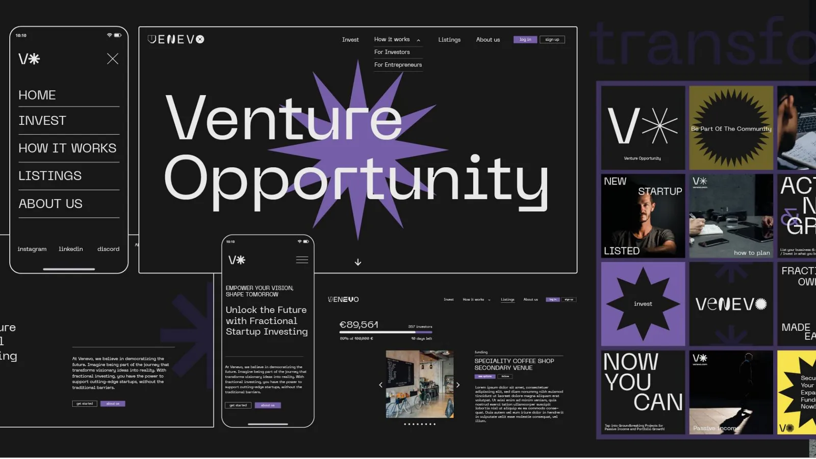 Phone and desktop screens in black and purple next to a grid of social posts