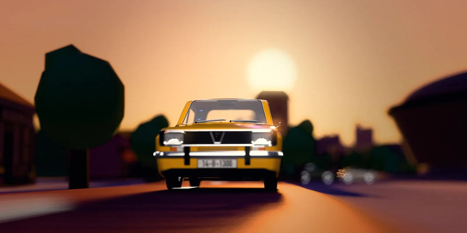 The 3D city of Bucharest at sunset, a vintage Dacia 1300 on the road