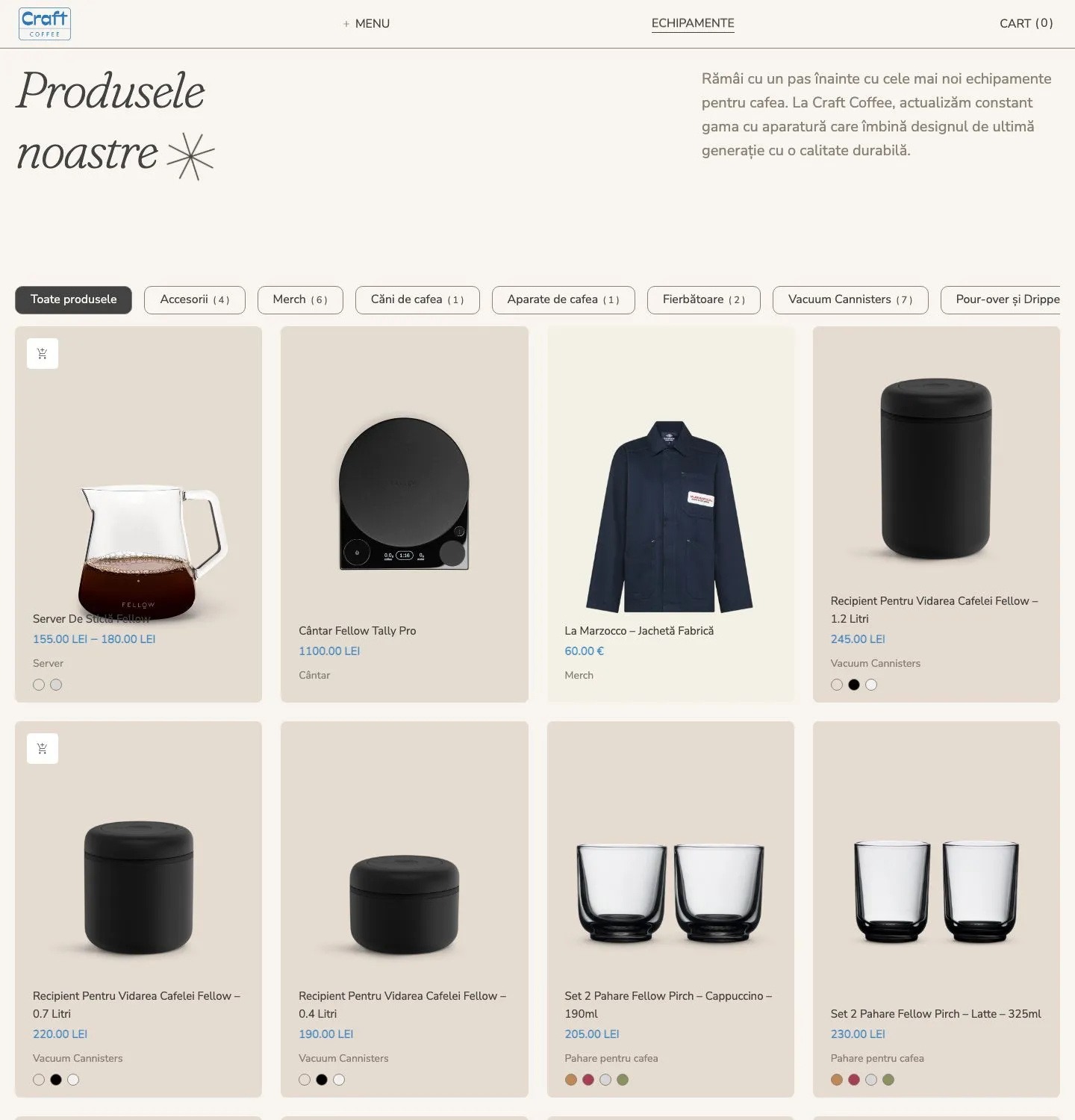 The shop page with category filter pills and product cards