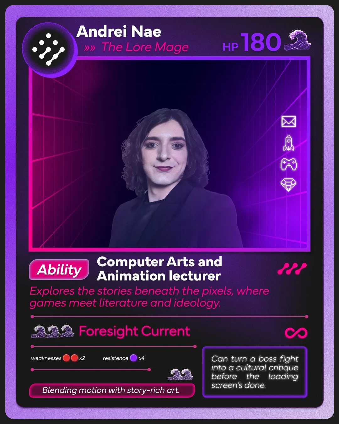 Game card: Andrei Nae, The Lore Mage, Computer Arts and Animation lecturer