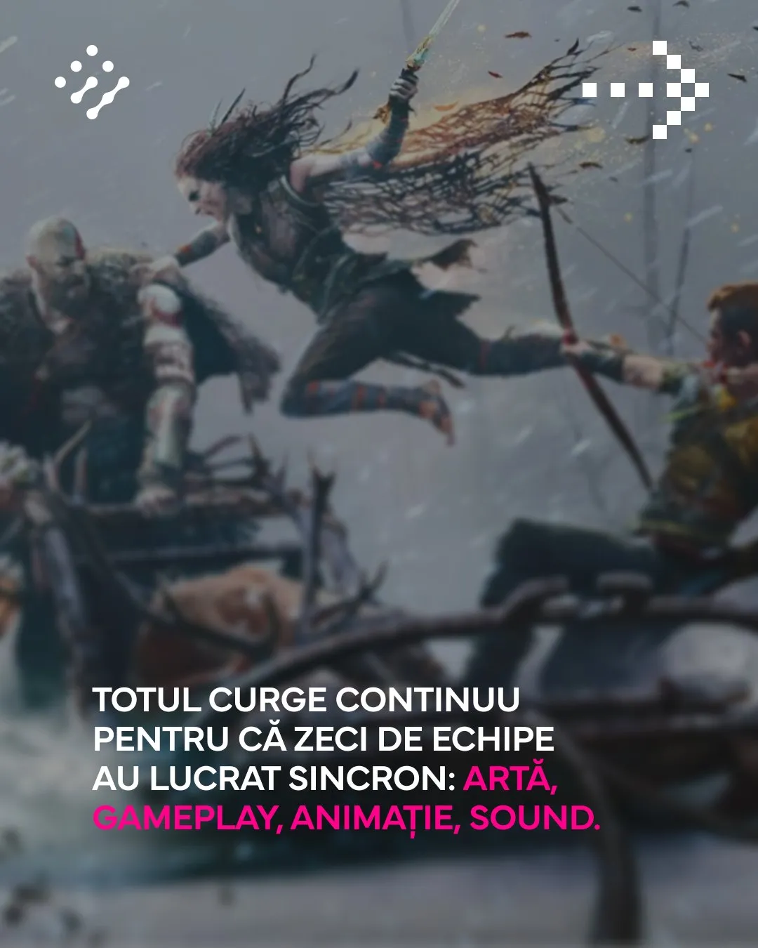 Slide: everything flows because dozens of teams worked in sync: art, gameplay, animation, sound