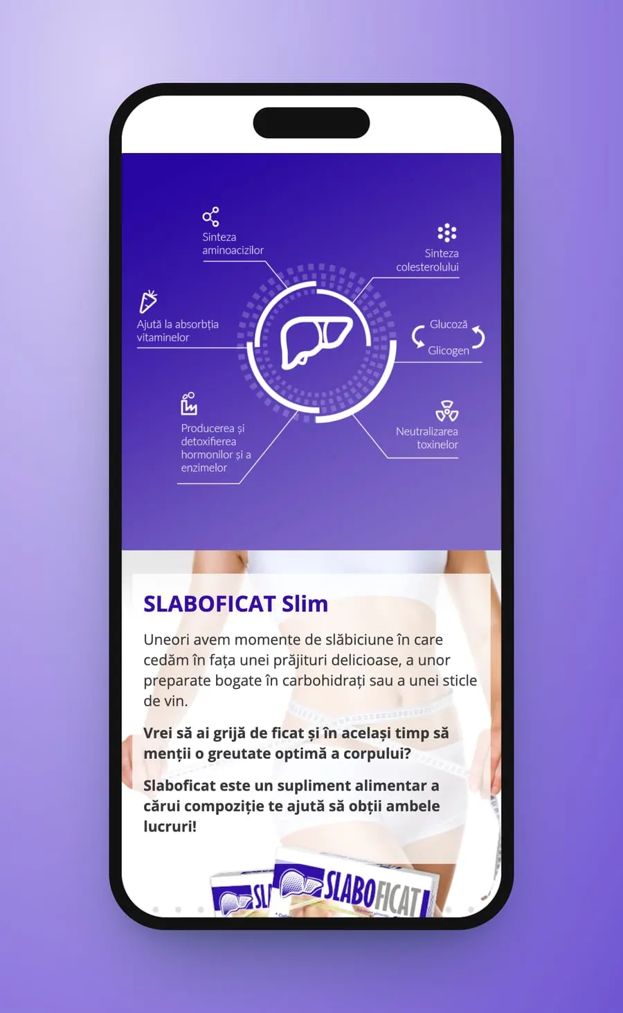 The violet panel of the liver's functions on a phone, and SLABOFICAT Slim below it