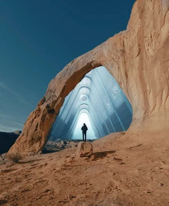 A figure under a stone arch
