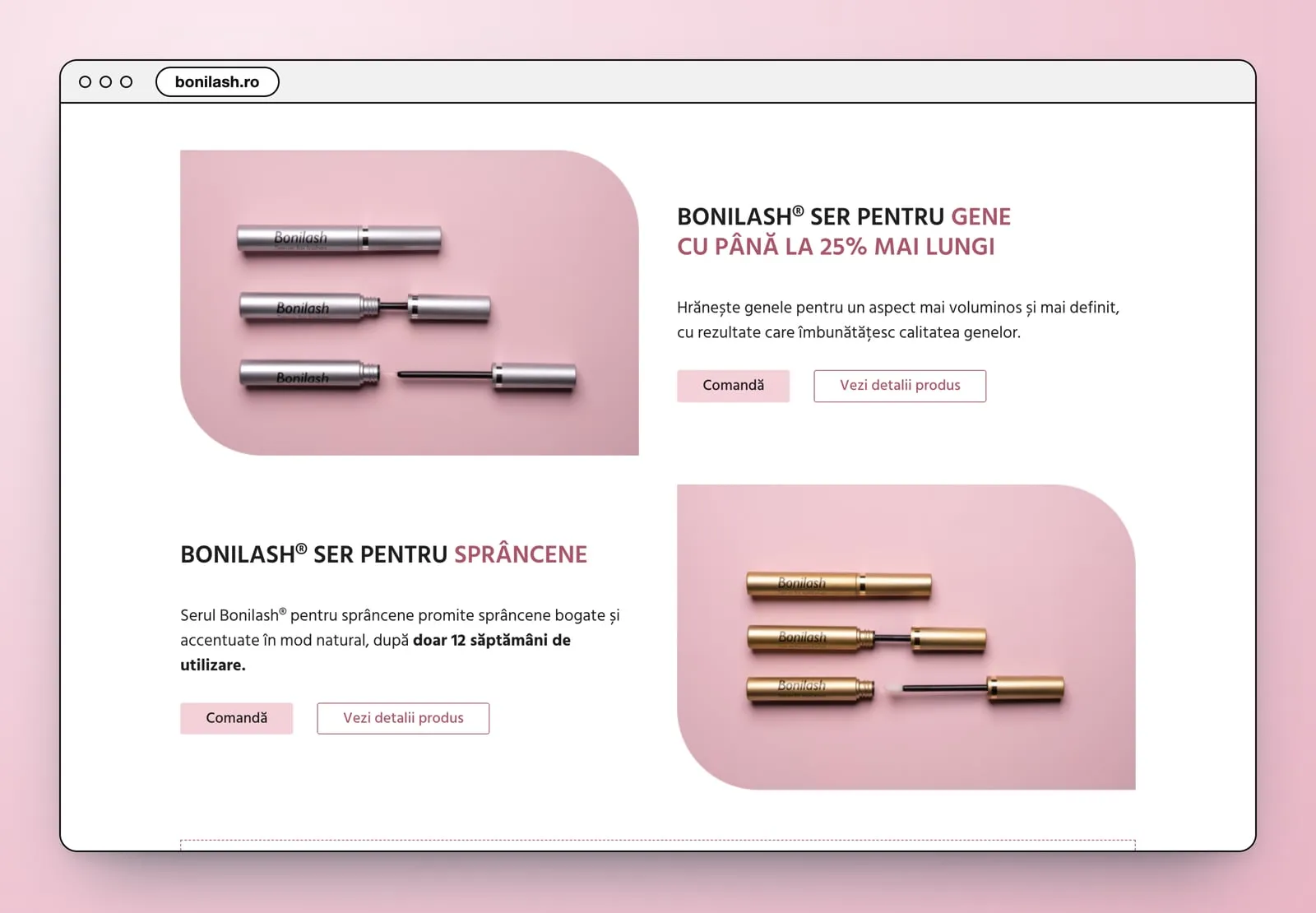 The two serums: three silver tubes on pink beside the lash serum's name, three gold tubes on pink beside the brow serum's